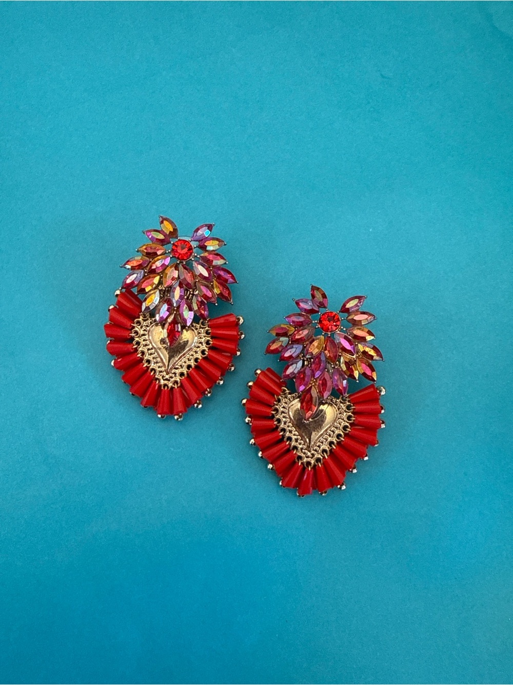 Red Heart Statement Earrings with Multicolor Crystal Accents